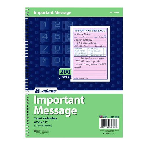 Image of Adams® SC1184D Important Message Book, Two-Part Carbonless, 4 Forms/Sheet, 200 Forms Total
