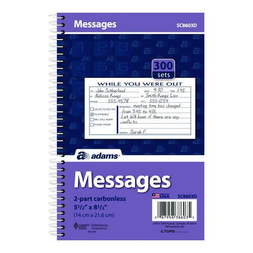 Image of Adams® SC8603D While You Were Out Messages Book, Two-Part Carbonless, 5 x 2.83, 3 Forms/Sheet, 300 Forms Total