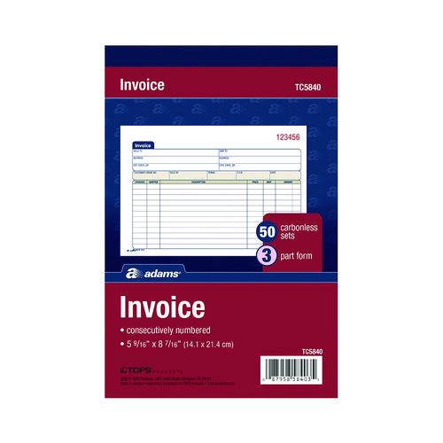 Image of Adams® TC5840 Multipart General-Purpose Invoice Pad, Three-Part Carbonless, 7.94 x 5.56, 50 Forms Total