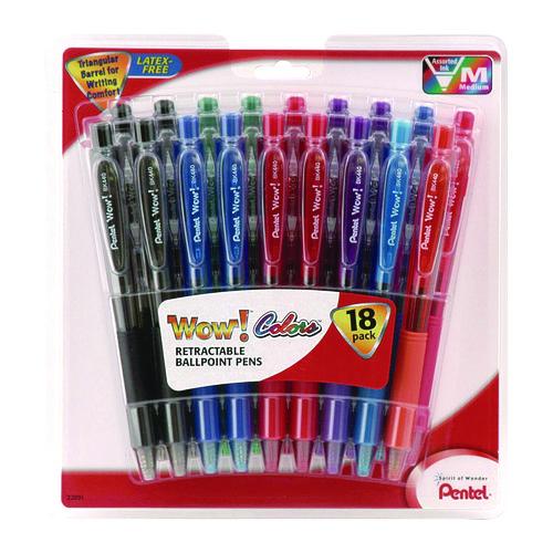 Image of Pentel® BK440PC18M WOW! Ballpoint Pen, Retractable, Medium 1 mm, Assorted Ink and Barrel Colors, 18/Pack
