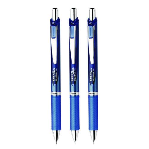 Image of Pentel® BLN75BP3C EnerGel RTX Deluxe Gel Pen, Retractable, Fine 0.5 mm, Blue Ink, Blue/Silver Barrel, 3/Pack