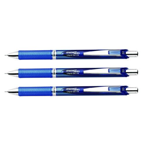 Image of Pentel® BLN75BP3C EnerGel RTX Deluxe Gel Pen, Retractable, Fine 0.5 mm, Blue Ink, Blue/Silver Barrel, 3/Pack