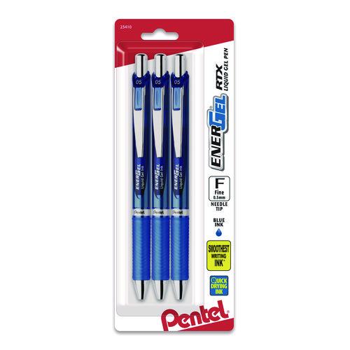 Image of Pentel® BLN75BP3C EnerGel RTX Deluxe Gel Pen, Retractable, Fine 0.5 mm, Blue Ink, Blue/Silver Barrel, 3/Pack