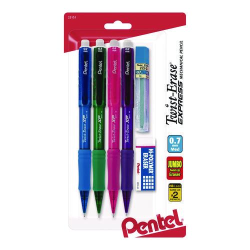 Image of Pentel® QE417FLZBP4 Twist Erase EXPRESS Mechanical Pencil, 0.7 mm, HB (#2), Black Lead, Assorted Color Barrels, 4/Pack