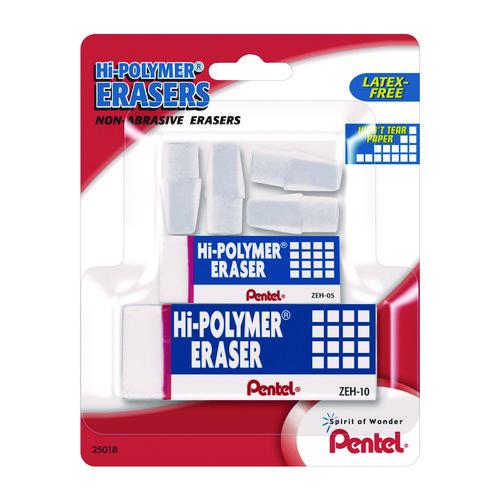 Image of Pentel® ZEH2510BP Hi-Polymer Eraser Assortment, (4) Pencil Caps/(1) Large Block/(1) Small Block, White, 6/Pack