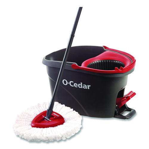 Image of O-Cedar® 148473EA EZWring Spin Mop System, White Microfiber Head, Up to 51" Adjustable Red/Gray Plastic Handle
