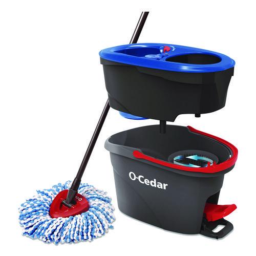 Image of O-Cedar® 168534EA EZWring RinseClean Spin Mop System, Blue/White Microfiber Head, Up to 51" Adjustable Red/Gray Plastic Handle