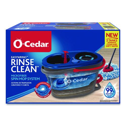 Image of O-Cedar® 168534EA EZWring RinseClean Spin Mop System, Blue/White Microfiber Head, Up to 51" Adjustable Red/Gray Plastic Handle