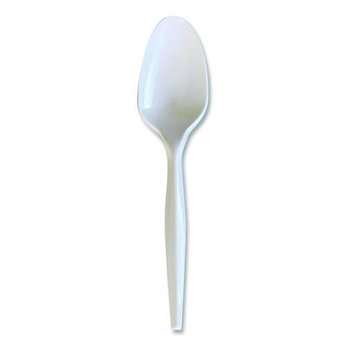 Image of Boardwalk® BWKSPOONMWPPIW Mediumweight Wrapped Polypropylene Cutlery, Spoon, 5.31", Plastic, White, 1,000/Carton