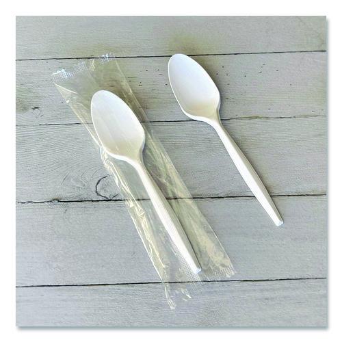 Image of Boardwalk® BWKSPOONWHPS Heavyweight Wrapped Polystyrene Cutlery, Spoon, Plastic, White, 1,000/Carton