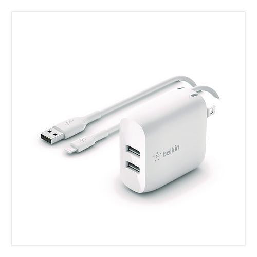 Image of Belkin® WCD001DQ1MWH BOOST CHARGE Dual USB-A Wall Charger + Lightning to USB-A Cable, White