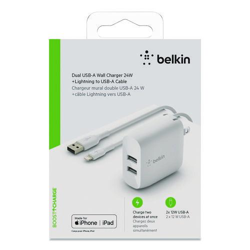 Image of Belkin® WCD001DQ1MWH BOOST CHARGE Dual USB-A Wall Charger + Lightning to USB-A Cable, White