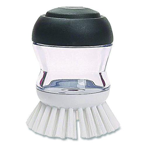 Image of OXO 36481 Good Grips Soap Dispensing Palm Brush, White Nylon Bristles, 4" Brush, Clear/Black Handle