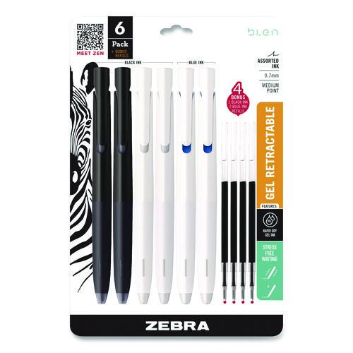 Image of Zebra® 49501 bLen Gel Pen, Medium 0.7 mm, Black; Blue Ink, White; Black Barrel, 6/Pack