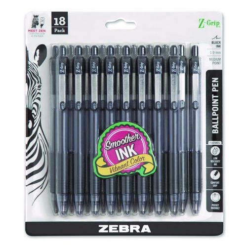Image of Zebra® ZEB22218 Z-Grip Ballpoint Pen, Retractable, Medium 1 mm, Black Ink, Clear/Black Barrel, 18/Pack
