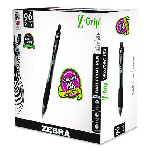 Image of Zebra® 22196 Z-Grip Ballpoint Pen, Retractable, Medium, 1 mm, Black Ink, Clear/Black Barrel, 96/Pack