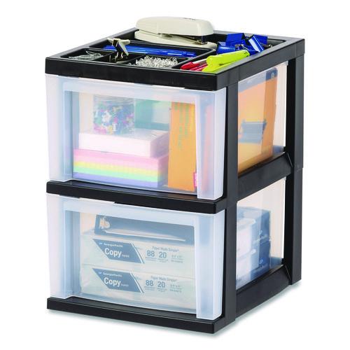Image of IRIS 116352 2-Compartment Desktop Stackable Storage Drawer, 12.17 x 14.33 x 16.77, Black/Translucent White