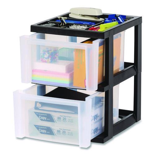 Image of IRIS 116352 2-Compartment Desktop Stackable Storage Drawer, 12.17 x 14.33 x 16.77, Black/Translucent White