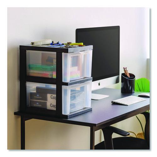 Image of IRIS 116352 2-Compartment Desktop Stackable Storage Drawer, 12.17 x 14.33 x 16.77, Black/Translucent White
