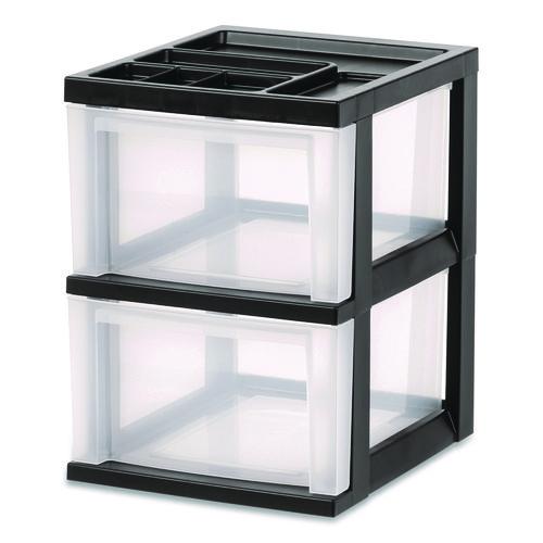 Image of IRIS 116352 2-Compartment Desktop Stackable Storage Drawer, 12.17 x 14.33 x 16.77, Black/Translucent White