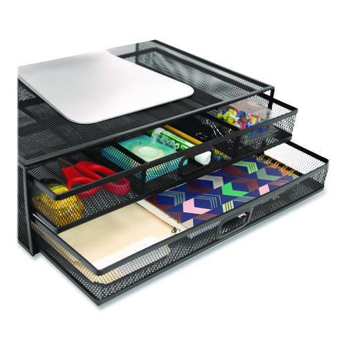Image of MOUNT-IT! MI-7365 Metal Mesh Monitor Stand with Storage Drawers, For Up to 32" Monitors, 15.8" x 11.8" x 4.7", Black, Supports 30 lb