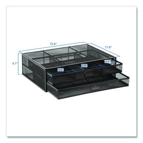 Image of MOUNT-IT! MI-7365 Metal Mesh Monitor Stand with Storage Drawers, For Up to 32" Monitors, 15.8" x 11.8" x 4.7", Black, Supports 30 lb