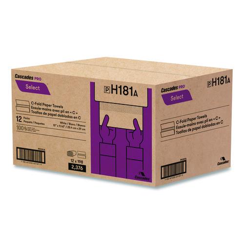 Image of Cascades PRO H181 Select Folded Paper Towels, C-Fold Towels, 1-Ply, 3.75 x 10, White, 198 Towels/Pack, 12 Packs/Carton