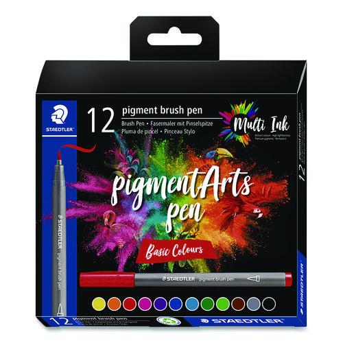 Image of Staedtler® 371 C12-1 Pigment Brush Pen Set, Medium-Firm, Assorted Basic Colors, 12/Pack