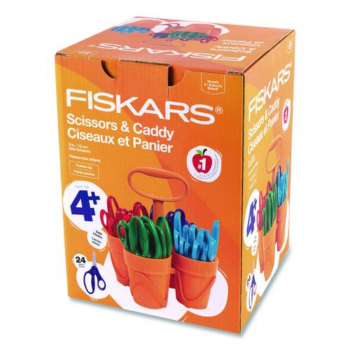 Image of FiskarsÂ® Classpack Scissors Caddy, Pointed Tip, 5" Long, 1.6" Cut Length, Straight Asst Color Handles: Blue/Green/Lt Blue/Red, 24/Set