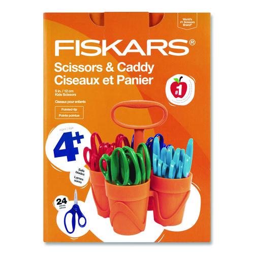Image of FiskarsÂ® Classpack Scissors Caddy, Pointed Tip, 5" Long, 1.6" Cut Length, Straight Asst Color Handles: Blue/Green/Lt Blue/Red, 24/Set