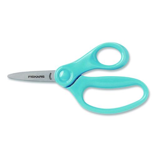 Image of FiskarsÂ® Classpack Scissors Caddy, Pointed Tip, 5" Long, 1.6" Cut Length, Straight Asst Color Handles: Blue/Green/Lt Blue/Red, 24/Set