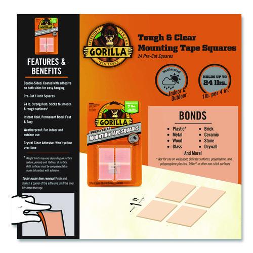 Image of Gorilla® 6067202 Tough and Clear Double-Sided Mounting Tape Squares, Permanent, Holds Up to 0.58 lb, 1" x 1", Clear, 24/Pack