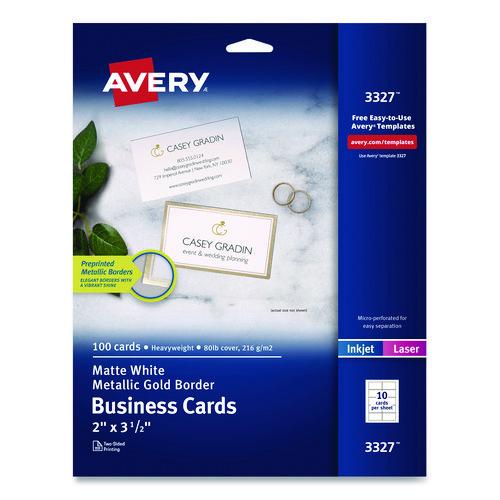 Image of Avery® 3327 Business Cards with Metallic Gold Borders, Inkjet/Laser, 2 x 3.5, White, 10 Cards/Sheet, 10 Sheets/Pack