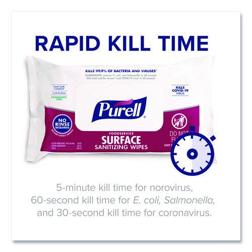 Image of PURELL® 9371-12 Foodservice Surface Sanitizing Wipes, 1-Ply, 7.4 x 9, Fragrance Free, White, 72 Wipes/Resealable Pack