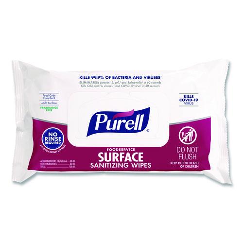 Image of PURELL® 9371-12 Foodservice Surface Sanitizing Wipes, 1-Ply, 7.4 x 9, Fragrance Free, White, 72 Wipes/Resealable Pack