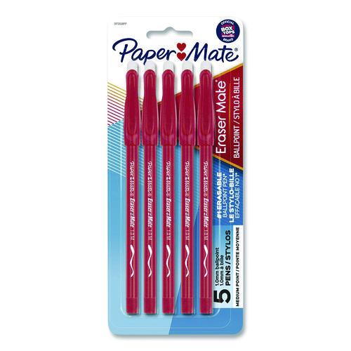 Image of Paper Mate® 31735 Eraser Mate Ballpoint Pen, Stick, Medium 1 mm, Red Ink, Red Barrel, 5/Pack