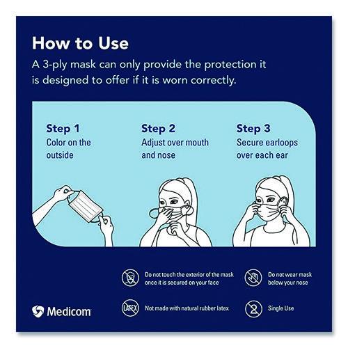 Image of Medicom® 214115 Three-Ply Disposable Face Mask, Paper, One Size Fits Most, 50/Box
