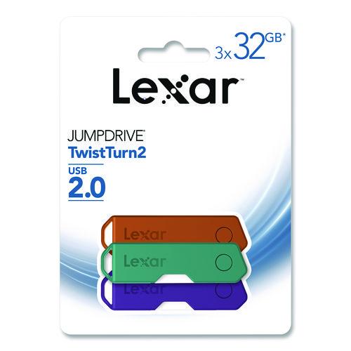 Image of Lexar LJDTT2-32GABNA3 Twist Turn2 USB 2.0 Flash Drive, 32 GB, Orange/Purple/Teal, 3/Pack