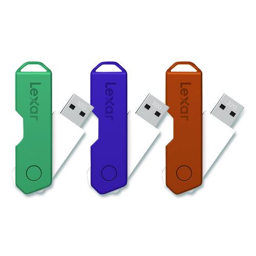 Image of Lexar LJDTT2-32GABNA3 Twist Turn2 USB 2.0 Flash Drive, 32 GB, Orange/Purple/Teal, 3/Pack