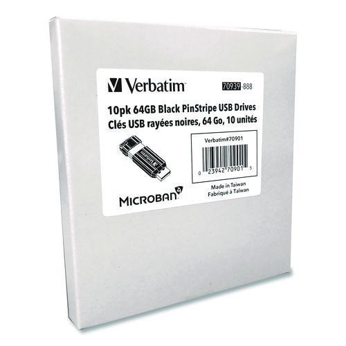 Image of Verbatim® 70901 Pinstripe USB 2.0 Flash Drive, 64 GB, Black, 10/Pack