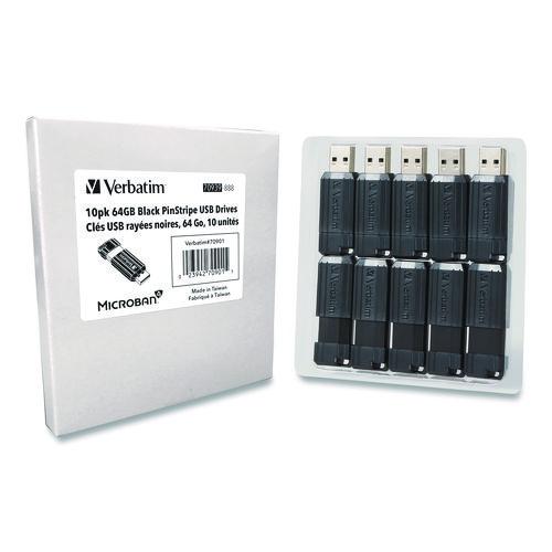 Image of Verbatim® 70901 Pinstripe USB 2.0 Flash Drive, 64 GB, Black, 10/Pack