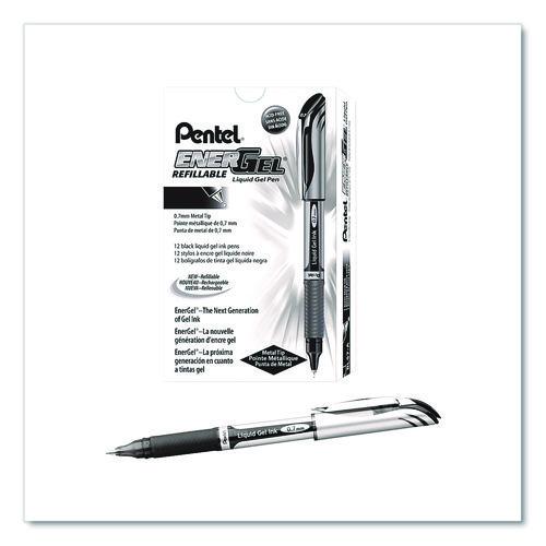 Image of Pentel® BL57A EnerGel Deluxe Gel Pen, Stick, Medium 0.7 mm, Black Ink, Silver/Black Barrel, Dozen