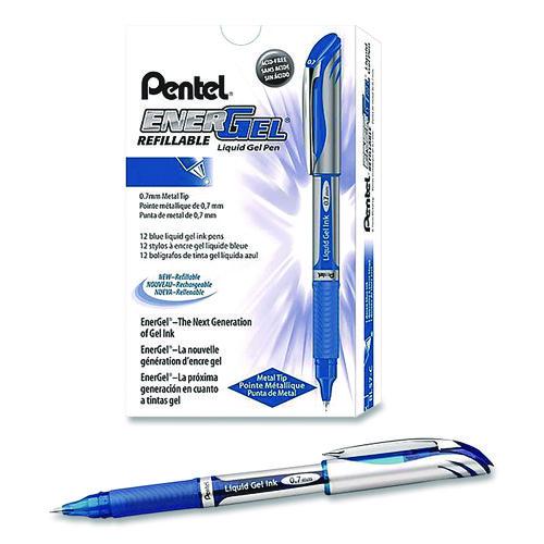 Image of Pentel® BL57C EnerGel Deluxe Gel Pen, Stick, Medium 0.7 mm, Blue Ink, Silver/Blue Barrel, Dozen