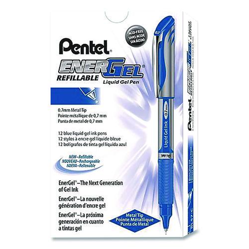 Image of Pentel® BL57C EnerGel Deluxe Gel Pen, Stick, Medium 0.7 mm, Blue Ink, Silver/Blue Barrel, Dozen