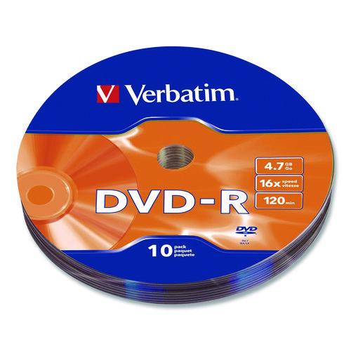 Image of Verbatim® 97901 DVD-R Recordable Disc, 4.7 GB, 16x, Wrap, Silver, 10/Pack