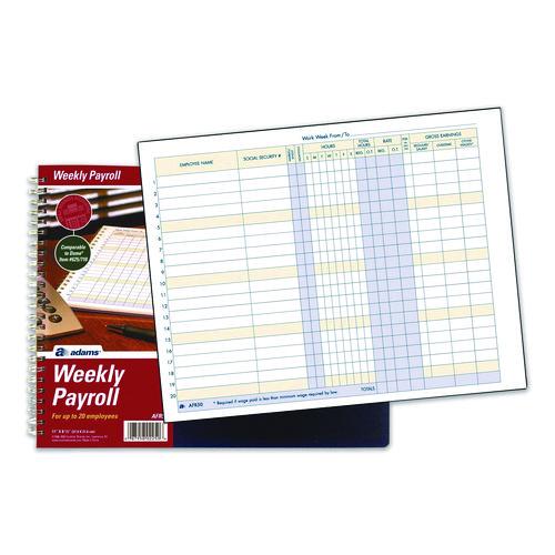 Image of AdamsÂ® Weekly Payroll Record Book for 20 Employees, Two-Page Spread: 36 Columns, Royal Blue Cover, 8.5 x 11 Sheets, 56 Sheets/Book