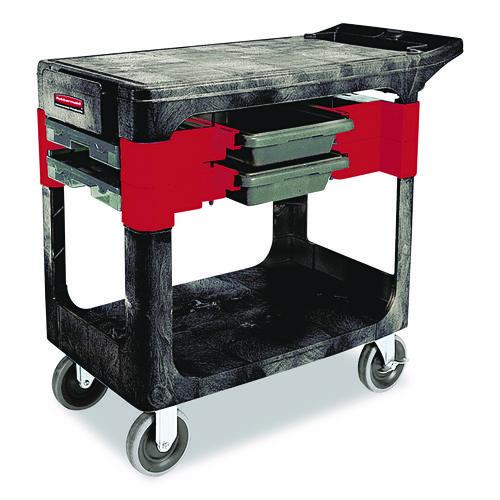Image of RubbermaidÂ® Commercial Two-Shelf Trades Cart, Plastic, 2 Shelves, 2 Drawers, 330 lb Capacity, 19.25" x 38" x 33.38", Black
