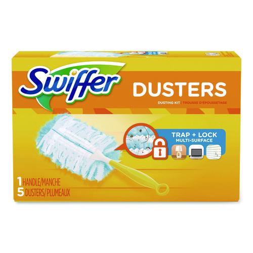 Image of Swiffer® PGC11804KT Dusters Starter Kit, Dust Lock Fiber, 6" Handle with Five Refill Dusters, Blue/Yellow