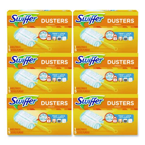 Image of Swiffer® 11804 Dusters Starter Kit, Dust Lock Fiber, 6" Handle with Five Refill Dusters, Blue/Yellow, 6/Carton