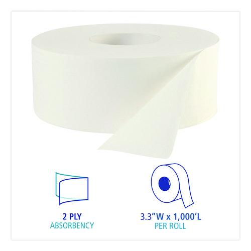 Image of Boardwalk® B6100 JRT Jumbo Roll Bathroom Tissue, Septic Safe, 2-Ply, 3.3" x 1,000 ft, White, 12 Rolls/Carton